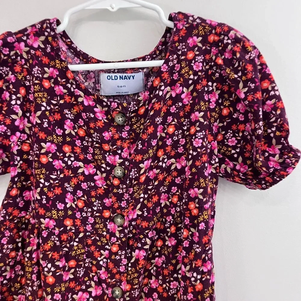 Old Navy girls size S 6-7 Burgundy Ditsy Floral button front puff sleeve dress